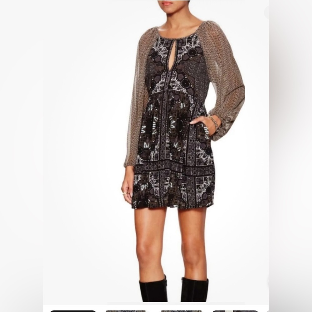 Free People Okasana Onyx Long Sleeve Peasant Mini Dress Boho Size 6